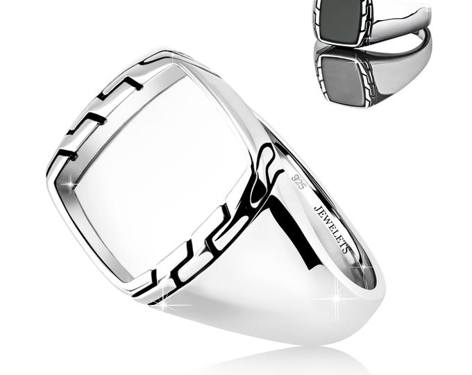 Sterling Silver Signet Ring Blank with 10×12 mm Bezel Cup – Rhodium Plated Keepsake for Breast Milk, Resin or Gemstones