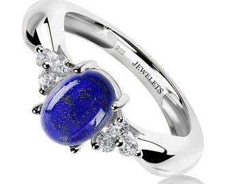 Lapis Lazuli Silver Ring 6x8mm with 6 CZ Side Stones – Oval Prong Setting | Rhodium Plated Sterling Silver