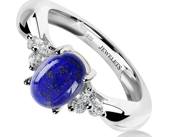 Lapis Lazuli Silver Ring 6x8mm with 6 CZ Side Stones – Oval Prong Setting | Rhodium Plated Sterling Silver