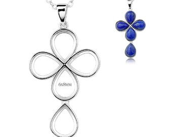 Silver Cross 6x8mm Pendant Blank with 18 Inch Cable Chain, Pear Cabochon Bezel Settings, Multi-Stone Keepsake Necklace Base