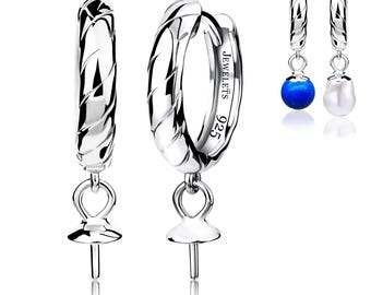 925 Sterling Silver Huggie Hoop Earring Blanks – 13 mm Diameter Rhodium Plated CZ Rope Creole Findings with Pearl Peg