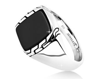 925 Sterling Silver Black Onyx Signet Ring – 10×12 mm Oval Bezel – Rhodium Plated Classic Unisex Jewelry