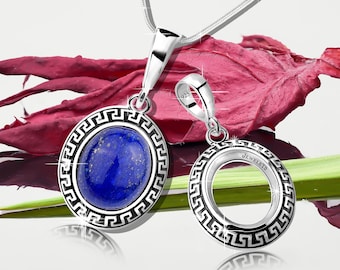 Silver Pendant Blank – 10×12 mm Greek Key Bezel Setting Base | 925 Sterling Silver DIY Jewelry Finding Rhodium Plated