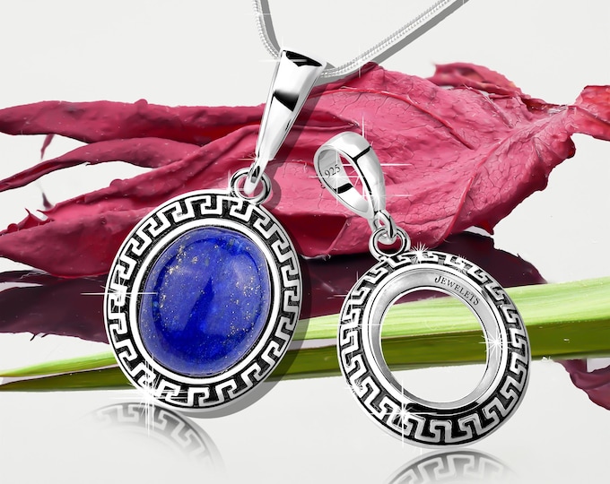 Silver Pendant Blank – 10×12 mm Greek Key Bezel Setting Base | 925 Sterling Silver DIY Jewelry Finding Rhodium Plated