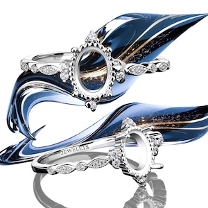 May include: Two silver rings with 925 stamps, each featuring an empty oval prong setting surrounded by small clear stones. The band has a marquise-shaped pattern with pavé accents. The word JEWELETS is engraved on the inner band of the lower ring.