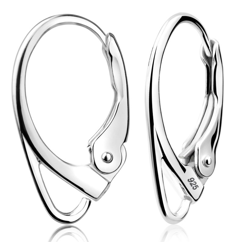 Sterling silver leverback hooks with hinged closure system offering secure wear and professional quality. Ideal for replacing damaged findings or creating custom handmade earrings.