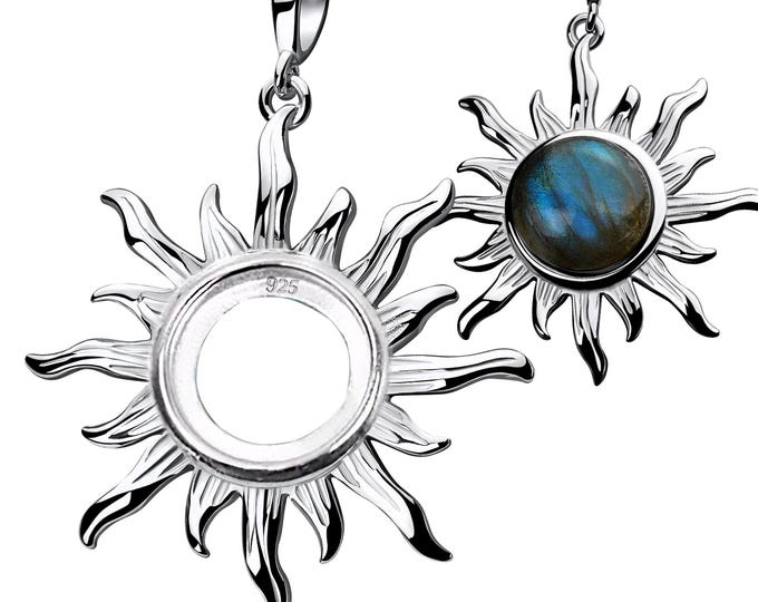 925 Silver Sun Pendant Blank, Round 12mm Bezel Base, Wavy Ray Design, Sterling Silver Cabochon Setting for DIY Jewelry Making