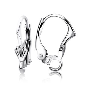 May include: A pair of shiny silver leverback earrings. One earring features a small seashell design. The earrings are made of polished metal and have a reflective surface. The clasp is marked with "925".