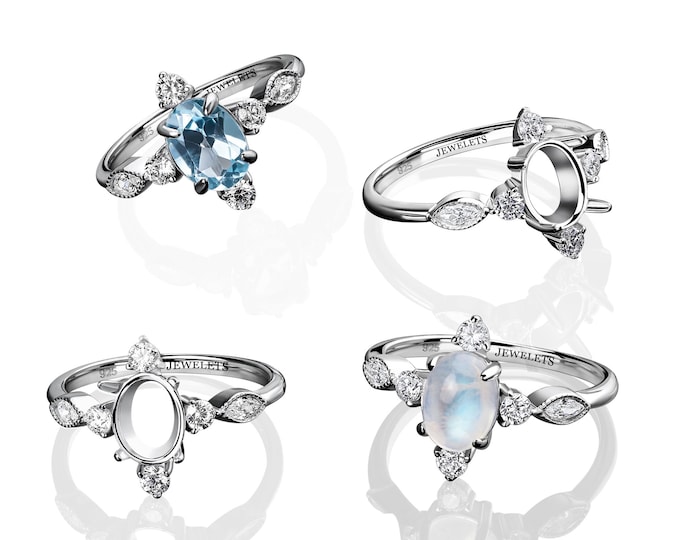 925 Sterling Silver 6x8 mm Oval Ring Blank – Rhodium Plated Prong with 8 CZ Side Stones – Base for Faceted Gemstones  Keepsake Stones