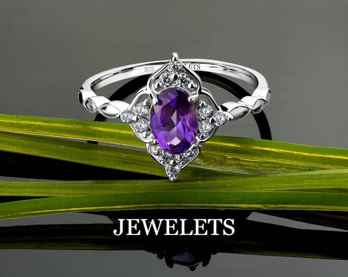 Amethyst Ring Solid Silver Ring With Amethyst, Lapis Lazuli, Garnet, Moonstone Stone Size 5x7mm 12 CZ Halo Rhodium Plated G204.5