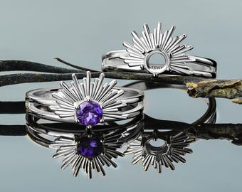 Silver Ring Blank – 5mm Round Setting | Antique Sun Rays Base | Rhodium Plated DIY Jewelry Mounting