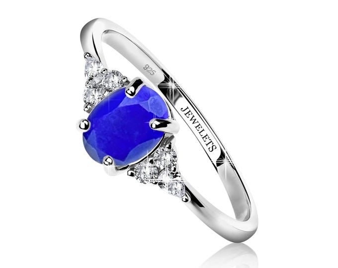 Lapis Lazuli Silver Ring 6x8mm with 6 CZ Side Stones – Oval Faceted Stone | Rhodium Plated Classic Style Jewelry for Men & Women