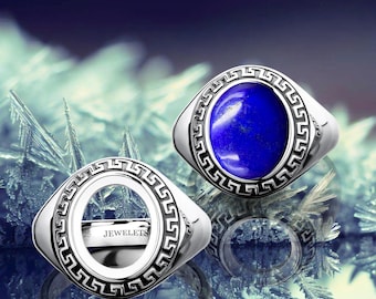 925 Sterling Silver 10x12 mm Oval Signet Ring Blank – Greek Key Antique Style – Engravable Ring Base for Men & Women DIY Jewelry