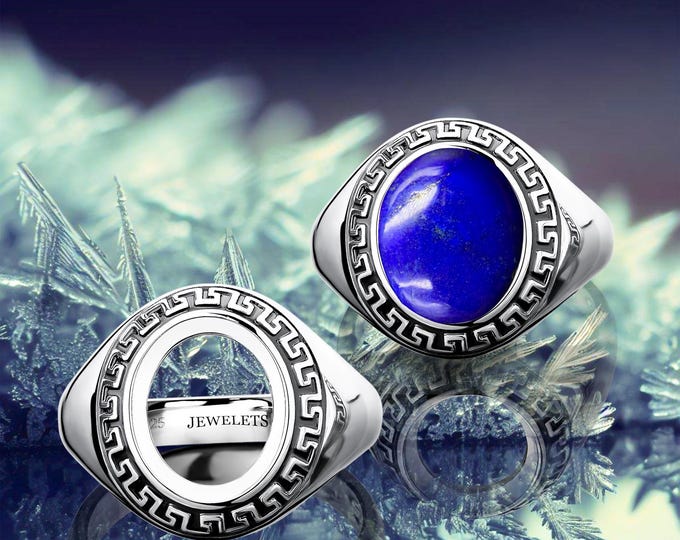 925 Sterling Silver 10x12 mm Oval Signet Ring Blank – Greek Key Antique Style – Engravable Ring Base for Men & Women DIY Jewelry