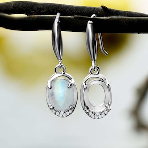 Silver Earring Blank 9x7mm Oval Prong Setting with 7 CZ Accents | Rhodium Plated DIY Cabochon Jewelry Base