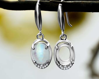 Silver Earring Blank 9x7mm Oval Prong Setting with 7 CZ Accents | Rhodium Plated DIY Cabochon Jewelry Base
