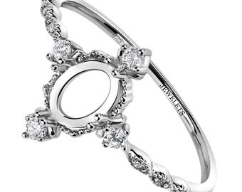 925 Sterling Silver Ring Blank for DIY Jewelry, 5x7mm Oval Prong Setting, CZ Halo & Side Stones, Rhodium Plated Semi Mount, Vintage Style