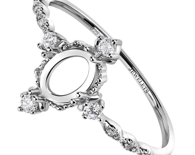 925 Sterling Silver Ring Blank for DIY Jewelry, 5x7mm Oval Prong Setting, CZ Halo & Side Stones, Rhodium Plated Semi Mount, Vintage Style