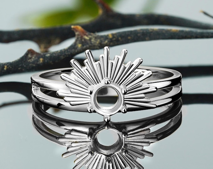 Silver Ring Blank – 5mm Round Bezel Setting | Antique Sun Rays Base | Rhodium Plated DIY Jewelry Mounting