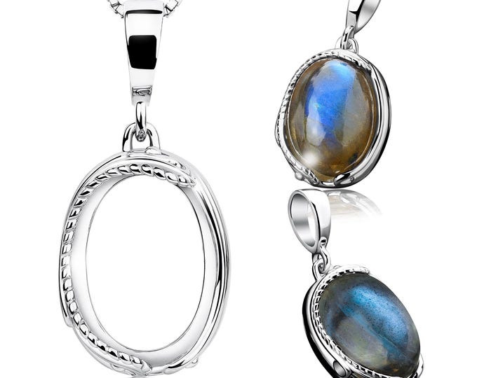 Silver Pendant 10x14 mm Blank 925 Rhodium Plated Bezel Setting with Flexible Wire – Adjustable Cabochon Mount