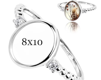 Bezel Cup Sterling Silver 8x10 mm Ring Blank – 2 CZ Side Stones | Beaded Shank | Rhodium Plated Cabochon Mount for Women