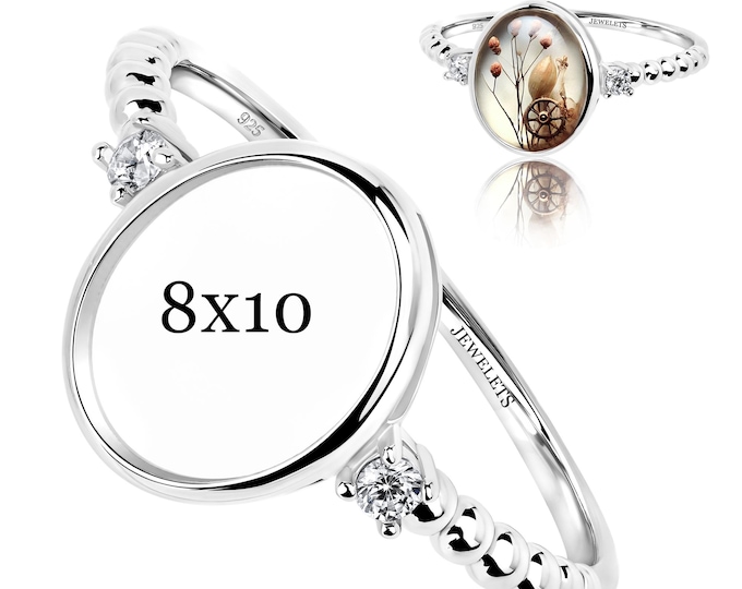 Bezel Cup Sterling Silver 8x10 mm Ring Blank – 2 CZ Side Stones | Beaded Shank | Rhodium Plated Cabochon Mount for Women