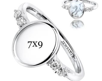 Bezel Cup Sterling Silver 7x9 mm Ring Blank – 4 CZ Side Stones | Rhodium Plated Keepsake Ring for Women