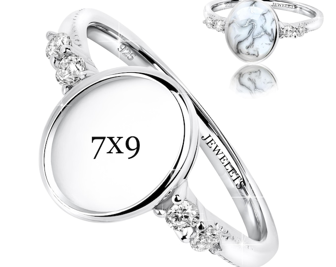 Bezel Cup Sterling Silver 7x9 mm Ring Blank – 4 CZ Side Stones | Rhodium Plated Keepsake Ring for Women