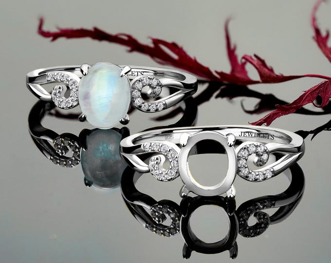 Silver Ring Blanks 7x9 mm 18 Cubic Zirconia Side Stones Rhodium Plated