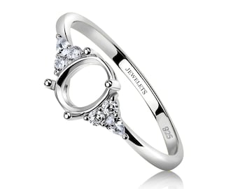 Sterling Silver Ring Blank with CZ Side Stones - 6x8mm Oval Prong Setting for Gemstone - Semi Mount DIY Jewelry Ring Base, Rhodium Plated