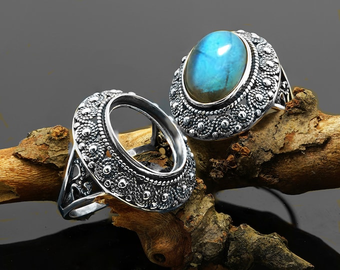 Solid Silver Ring Blank, 13x18 mm,  Bezel Setting Ring Black Patina Vintage Blank