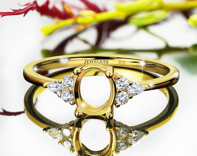 Sterling Silver Ring Blank with CZ Side Stones - 6x8mm Oval Prong Setting for Gemstone - Semi Mount DIY Jewelry Ring Base, Gold Plated