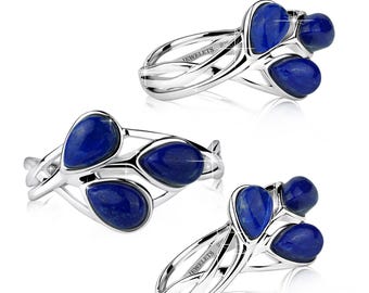Lapis Lazuli Sterling Silver Statement Ring – Nature Inspired Design 3 Natural Pear Shaped Lapis Lazuli–Rhodium Plated Jewelry for Women