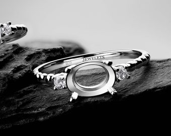 Silver Ring Blank 6×8 mm Semi-Setting Prong Semi-Mount Base – Two CZ Side Stones, Beaded Band | DIY Fine Jewelry for Women