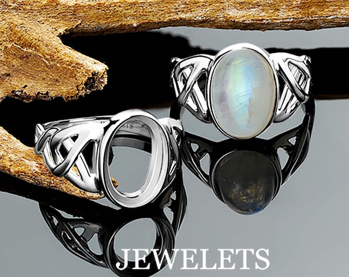 925 Silver Ring Blank – 8x12mm Oval Bezel Setting with Celtic Design | Rhodium Plated DIY Jewelry Ring Base