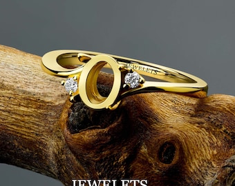 925 Silver 5x7 mm Ring Blank with Oval Prong Setting – 2 CZ Side Stones | DIY Ring Base for Cabochon | Gold Plated Fine Jewelry Mount