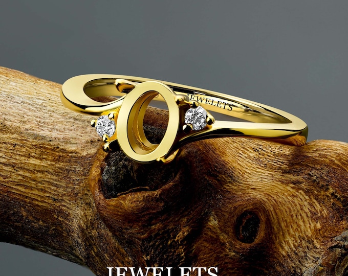 925 Silver 5x7 mm Ring Blank with Oval Prong Setting – 2 CZ Side Stones | DIY Ring Base for Cabochon | Gold Plated Fine Jewelry Mount