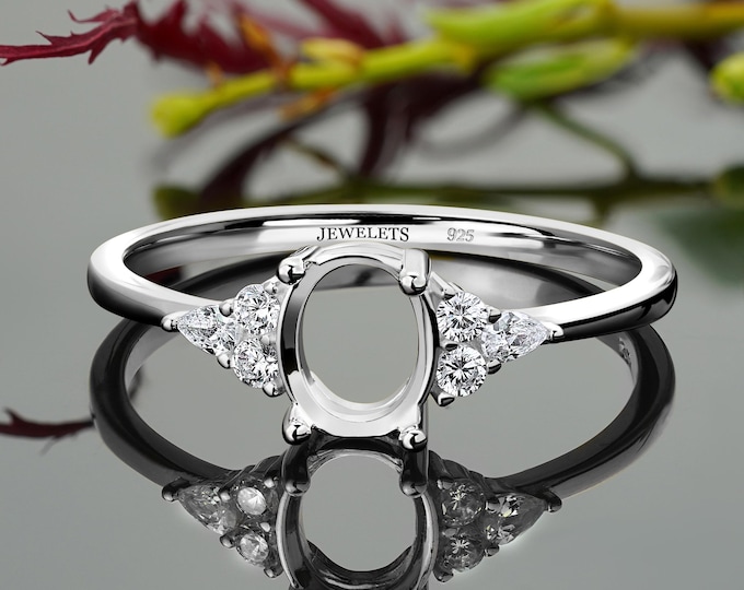 Sterling Silver Ring Blank with CZ Side Stones - 6x8mm Oval Prong Setting for Gemstone - Semi Mount DIY Jewelry Ring Base, Rhodium Plated