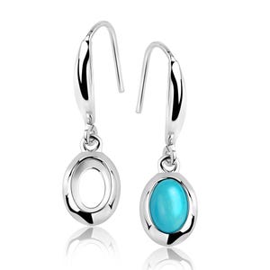 May include: A pair of silver drop earrings, one with a turquoise stone and the other with a silver circle.