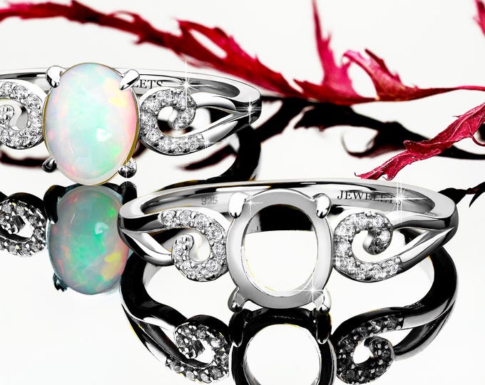 Silver Ring Blank 7x9 mm with 18 Cubic Zirconia Side Stones, Rhodium Plated Classic Ring Setting, Semi Mount DIY Jewelry Base