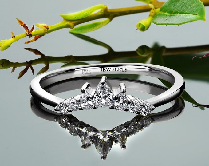 Silver 925 Ring Band 7 pcs Cubic Zirconia Fine Jewelry Rhodium Plated Silver Crown Shape Band Stackable