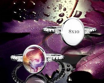 Bezel Cup Sterling Silver 8x10 mm Ring Blank – 2 CZ Side Stones | Beaded Shank | Rhodium Plated Cabochon Mount for Women