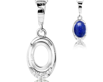 925 Sterling Silver Pendant Blank – 7x9 mm Oval Prong Setting for Cabochons – 7 Cubic Zirconia Accents – Rhodium-Plated  Jewelry Semi-Mount