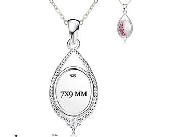 Sterling Silver 7x9mm Necklace Blank, Rhodium Plated Oval Bezel Cup for Breast Milk, Keepsake and Cabochon, 18 Inch Chain