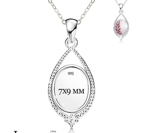 Sterling Silver 7x9mm Necklace Blank, Rhodium Plated Oval Bezel Cup for Breast Milk, Keepsake and Cabochon, 18 Inch Chain