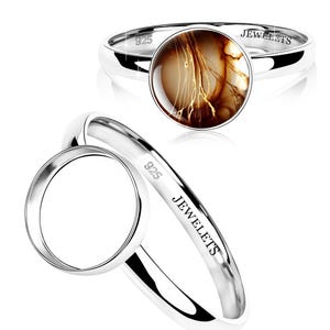 May include: A silver ring with a round, brown and gold stone. The ring band is engraved with "925" and "JEWELETS". The ring is displayed in two angles, showcasing the design and details.