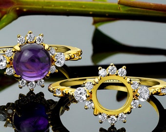 925 Silver Ring Blank – 8 mm Halo Setting with 10 CZ, Gold Plated – Fine Jewelry for Custom Engagement or Statement Rings