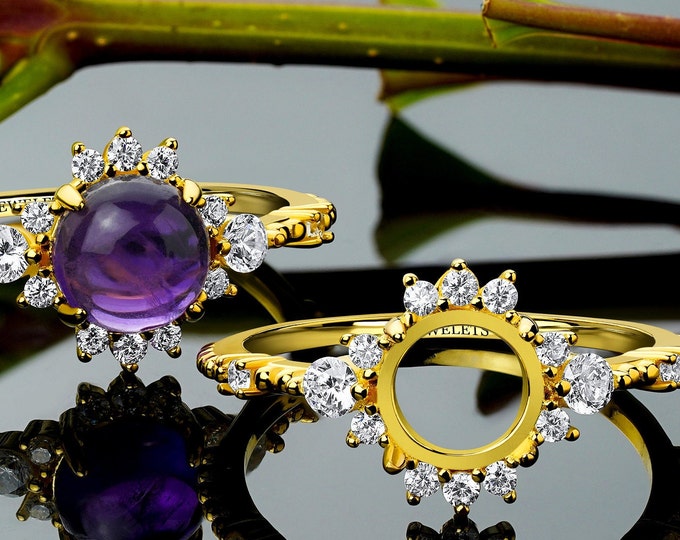 925 Silver Ring Blank – 8 mm Halo Setting with 10 CZ, Gold Plated – Fine Jewelry for Custom Engagement or Statement Rings