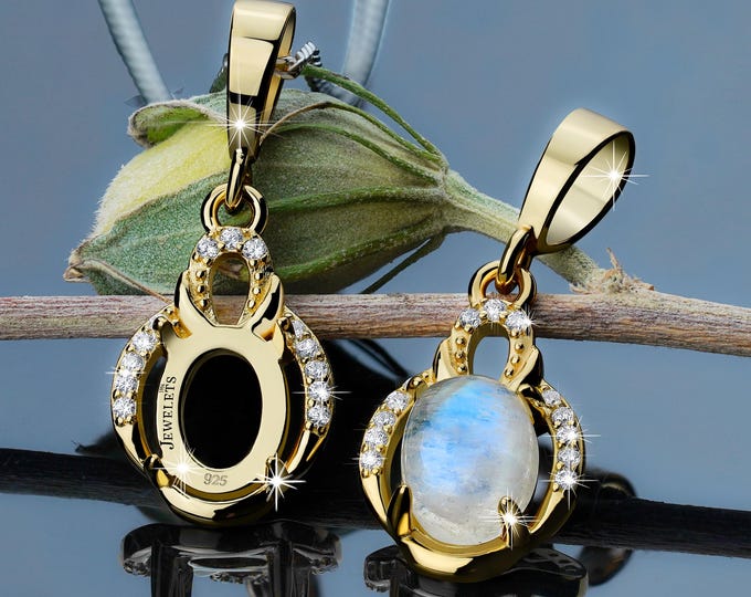 Sterling Silver Pendant Blank – Oval 6×8 mm Prong Setting with Half Halo CZ | Horseshoe-Inspired Gold Plated Gemstone Jewelry Base