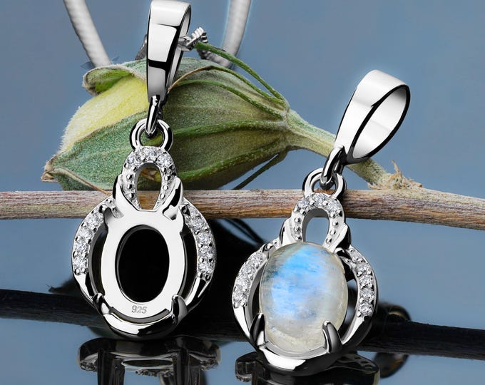 Sterling Silver Pendant Blank – Oval 6x8mm Prong Setting with Half Halo CZ – Horseshoe-Inspired Cabochon Setting for Gemstone Jewelry